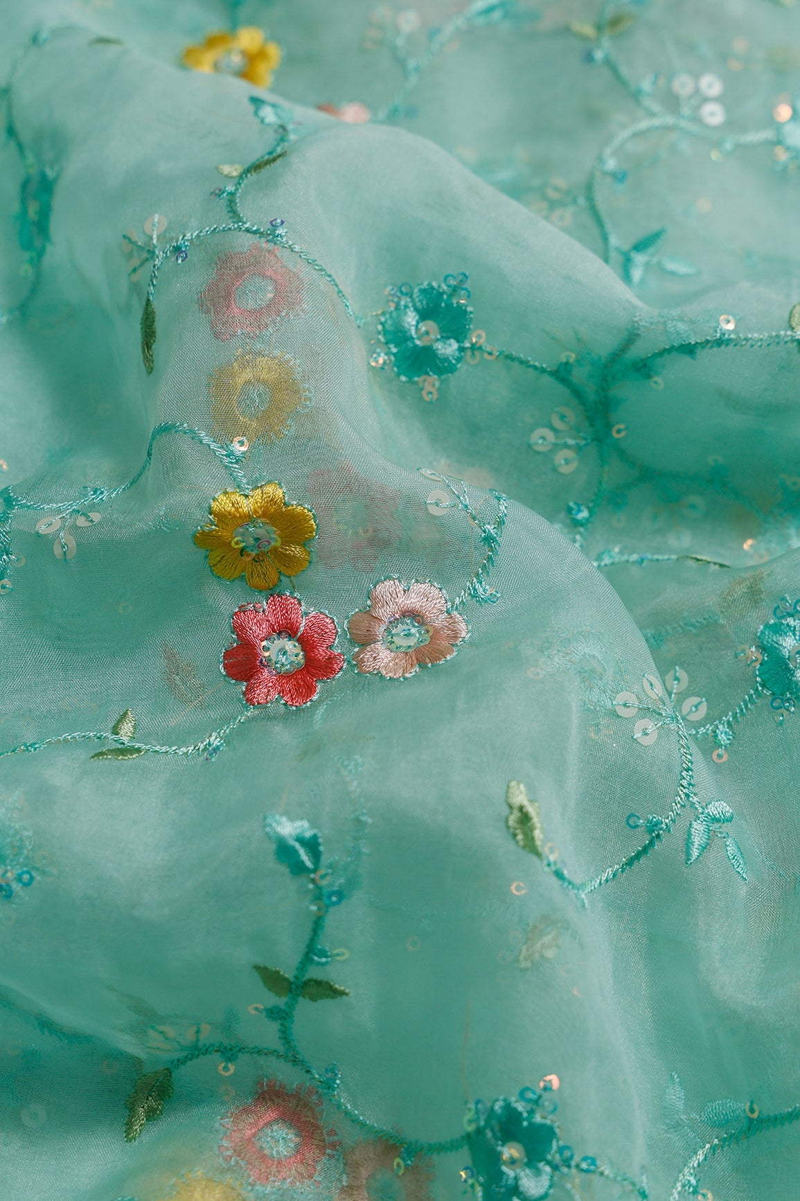 2.75 Meter Cut Piece Of Silver Sequins With Thread Floral Embroidery Work On Sea Green Organza Fabric - doeraa