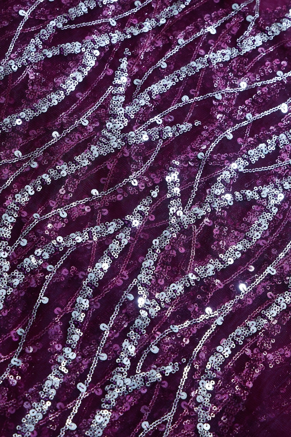 2.75 Meter Cut Piece Of Wavy Gold Sequins Embroidery On Wine Soft Net Fabric - doeraa