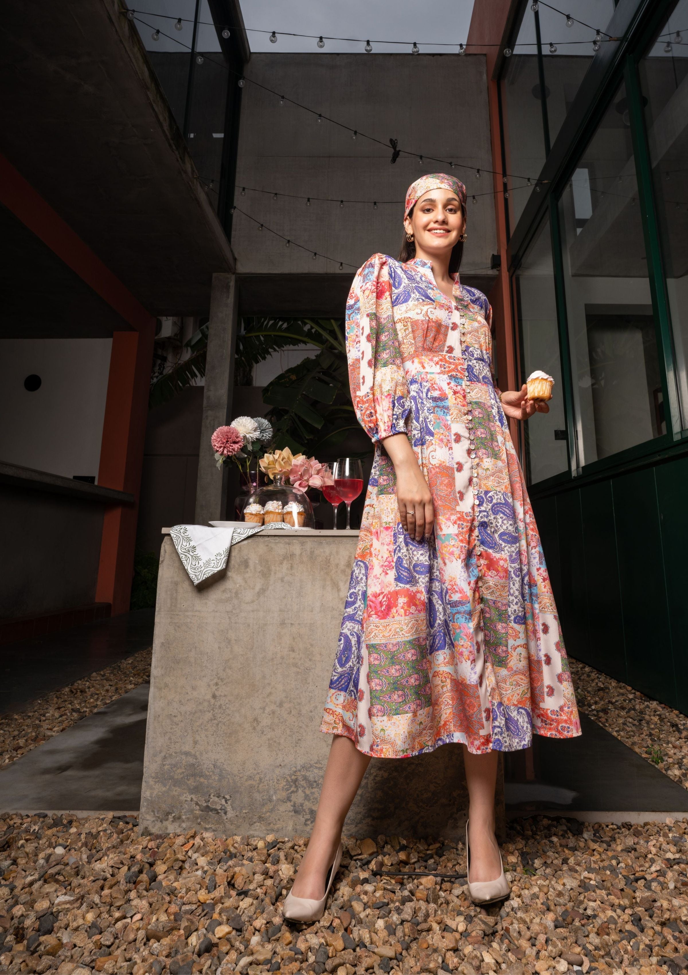 Mosaic Paisley Patch Print Long Crepe Dress