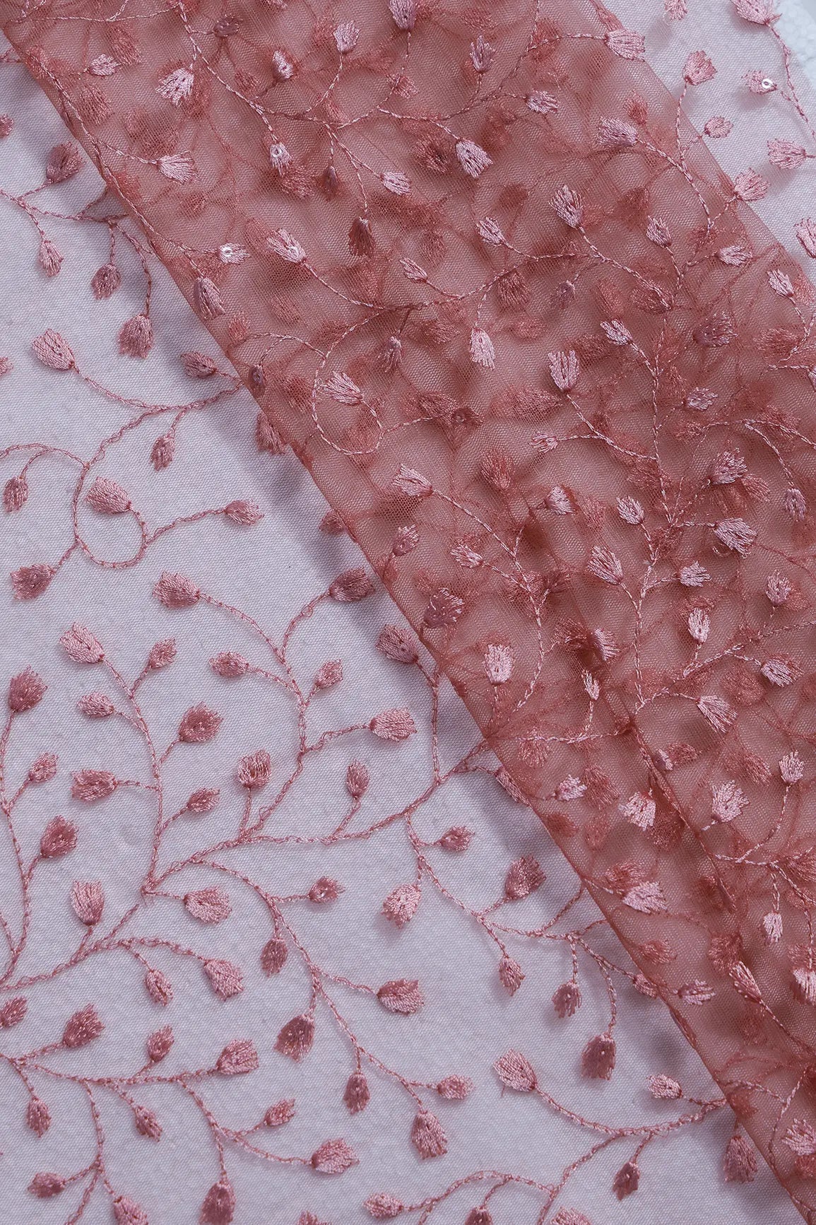 3 Meter Cut Piece Of Gajri Thread With Water Sequins Leafy Embroidery On Gajri Soft Net Fabric - doeraa