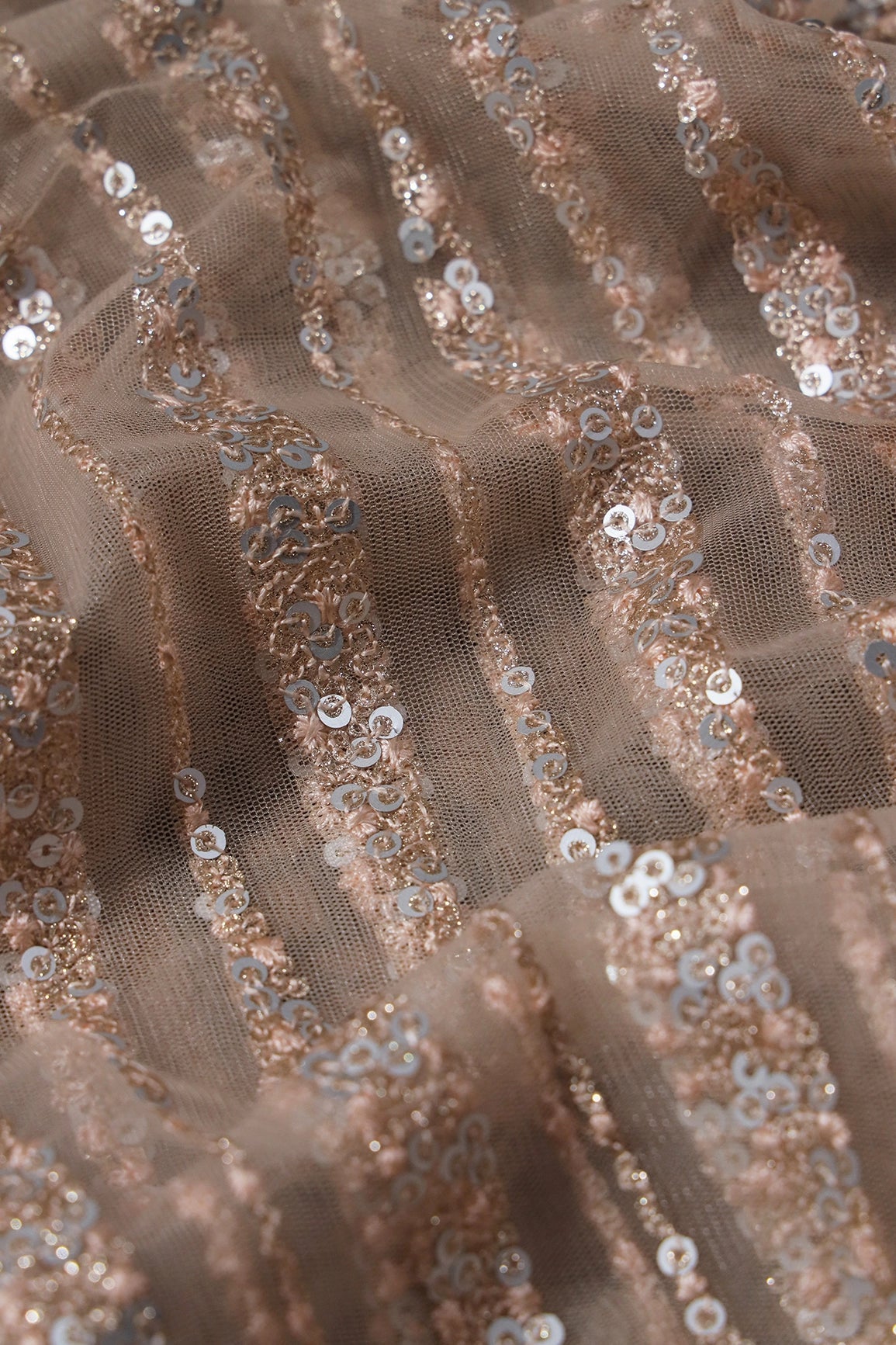 3 Meter Cut Piece Of Gold And Silver Sequins With Beige Thread Geometric Embroidery On Light Beige Soft Net Fabric - doeraa