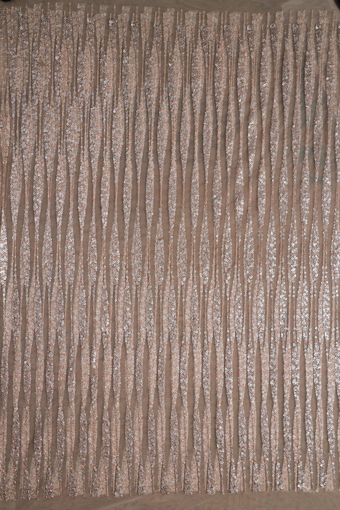 3 Meter Cut Piece Of Gold And Silver Sequins With Beige Thread Geometric Embroidery On Light Beige Soft Net Fabric - doeraa