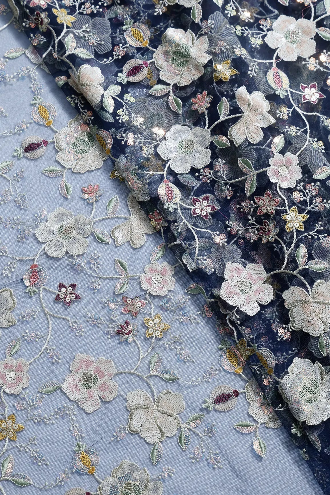 3 Meter Cut Piece Of Multi Thread With Multi Sequins Heavy Floral Embroidery Work On Navy Blue Soft Net Fabric - doeraa