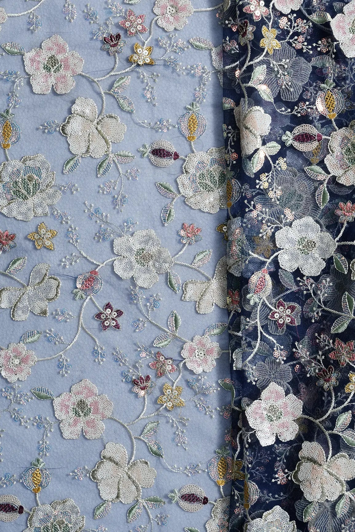 3 Meter Cut Piece Of Multi Thread With Multi Sequins Heavy Floral Embroidery Work On Navy Blue Soft Net Fabric - doeraa