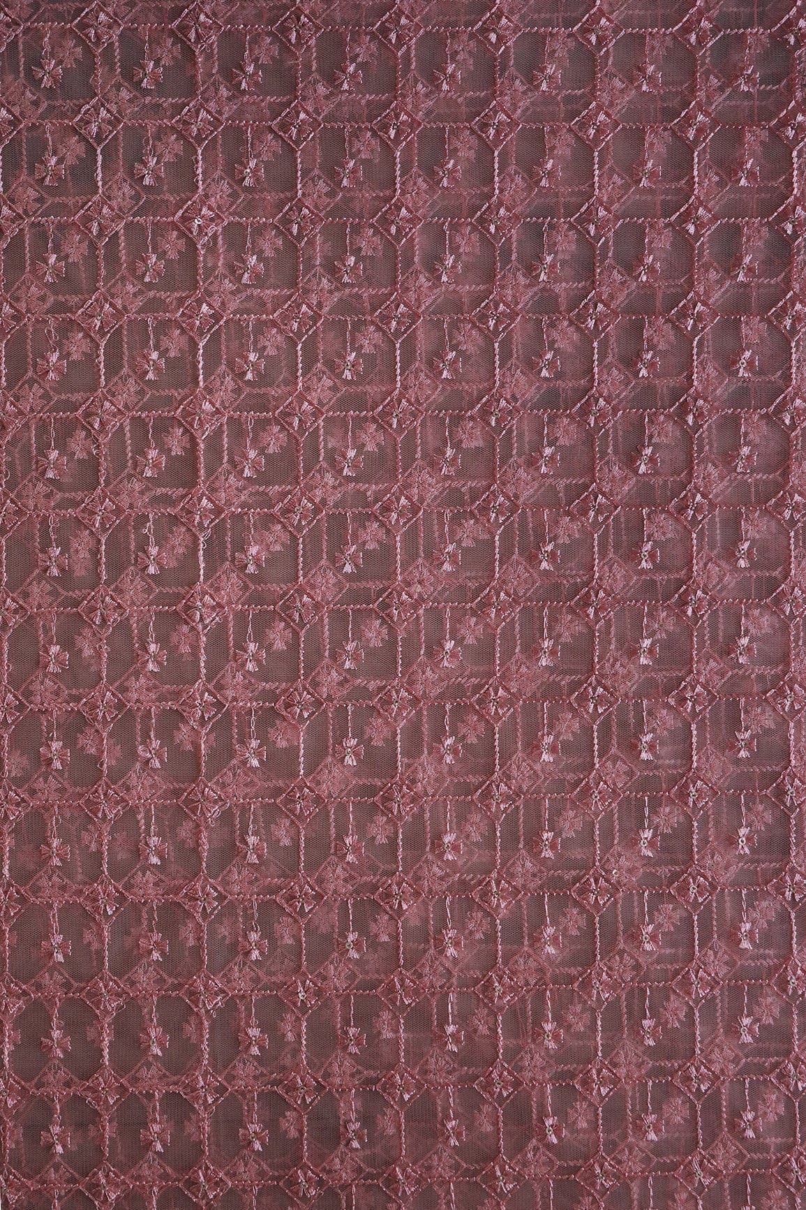3 Meter Cut Piece Of Pink Thread Floral Checks Embroidery Work On Pink Soft Net Fabric - doeraa