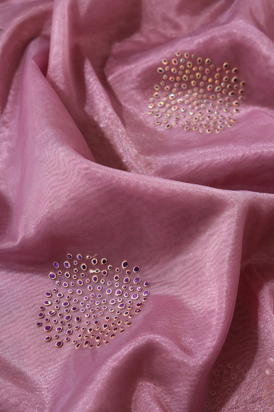 3 Meter Cut Piece Of Purple Stone Drop Geometric Work On Mauve Tissue Fabric - doeraa