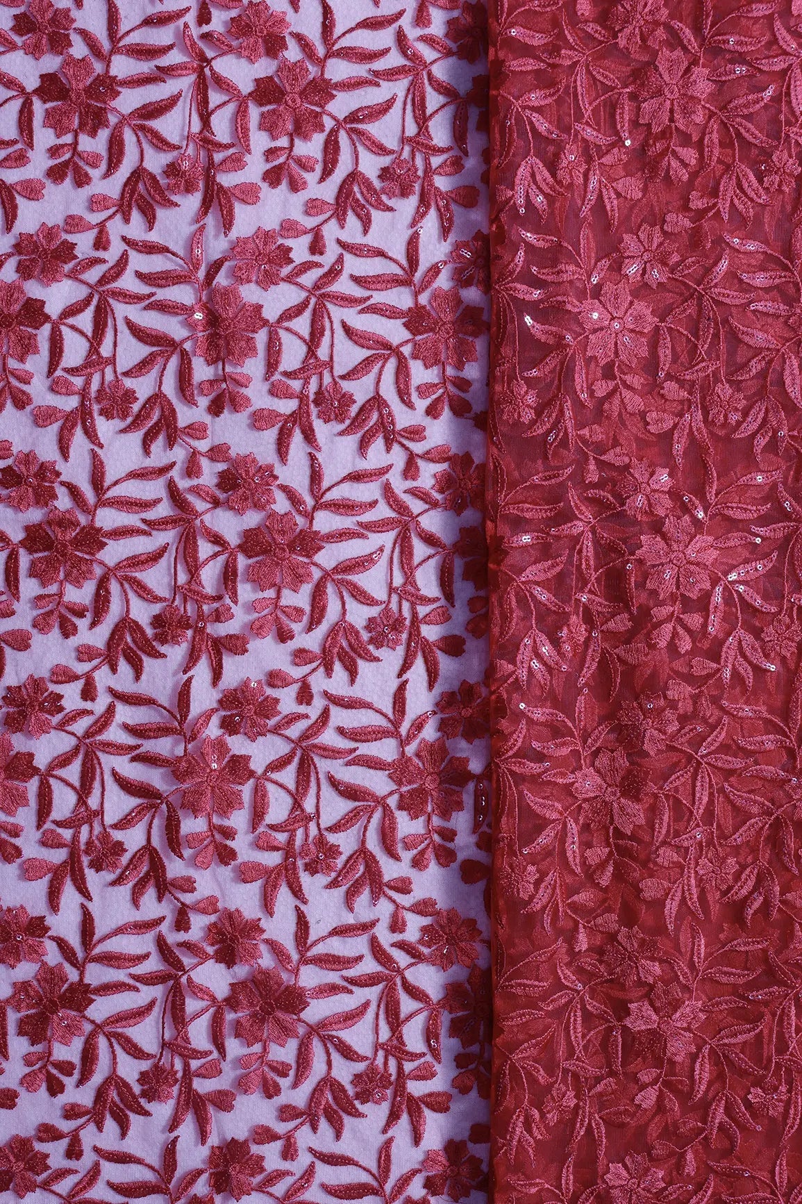 3 Meter Cut Piece Of Red Thread With Water Sequins Heavy Floral Leafy Embroidery On Red Soft Net Fabric - doeraa