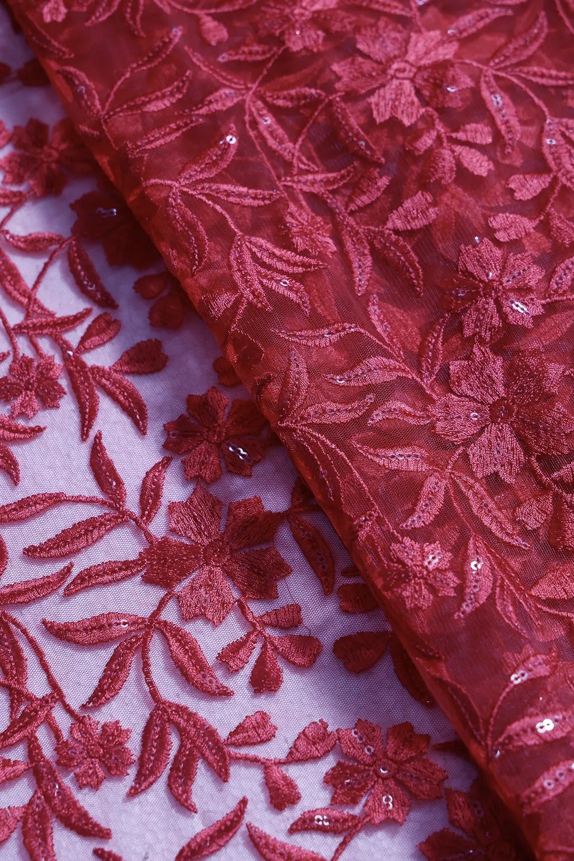 3 Meter Cut Piece Of Red Thread With Water Sequins Heavy Floral Leafy Embroidery On Red Soft Net Fabric - doeraa