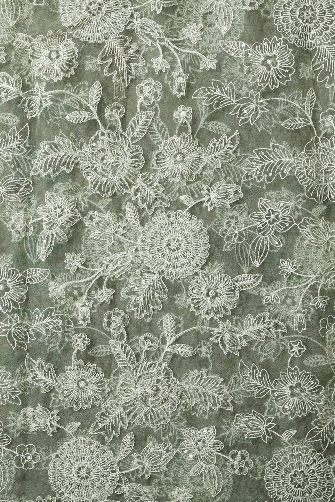 3 Meter Cut Piece Of White Thread With Gold Sequins Floral Embroidery On Olive Organza Fabric - doeraa
