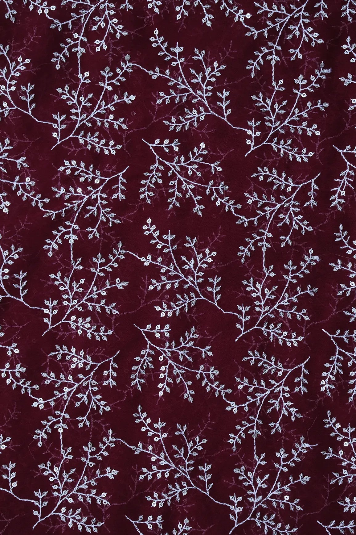 3 Meter Cut Piece Of White Thread With Gold Sequins Leafy Embroidery On Maroon Georgette Fabric - doeraa