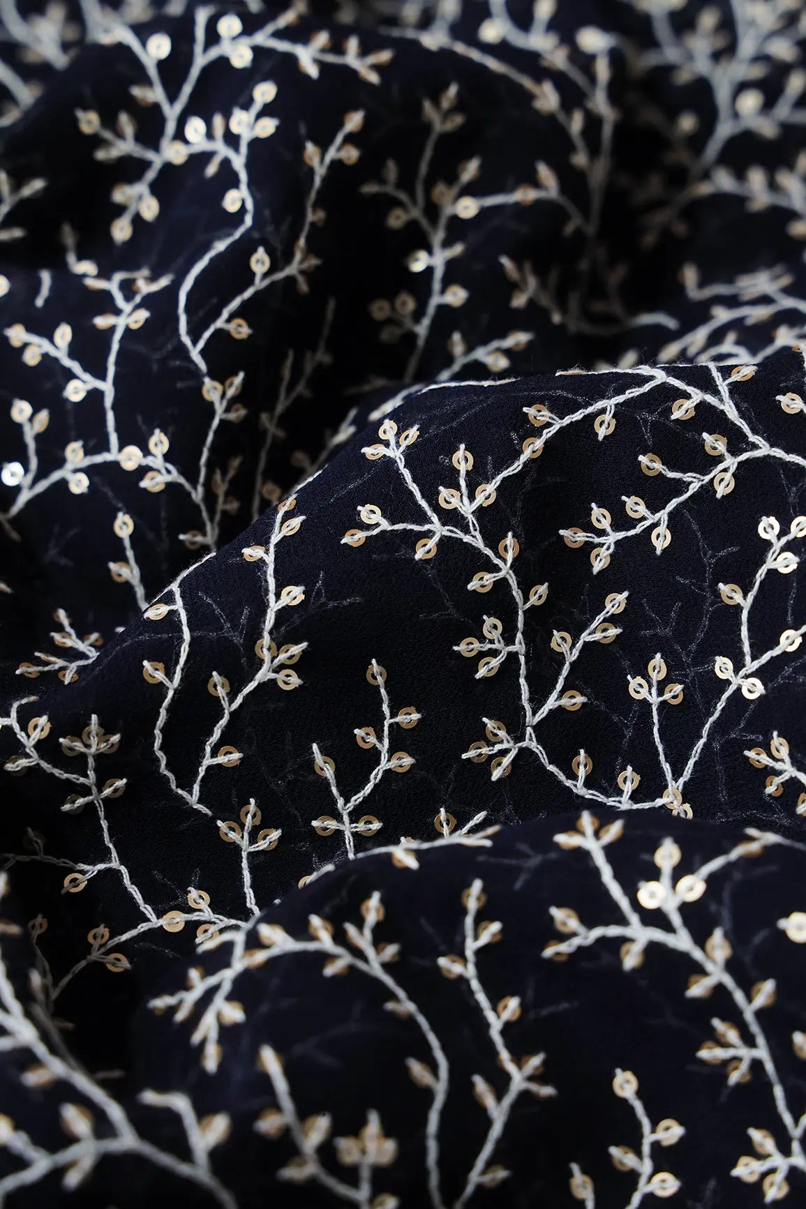 3 Meter Cut Piece Of White Thread With Gold Sequins Leafy Embroidery On Navy Blue Georgette Fabric - doeraa