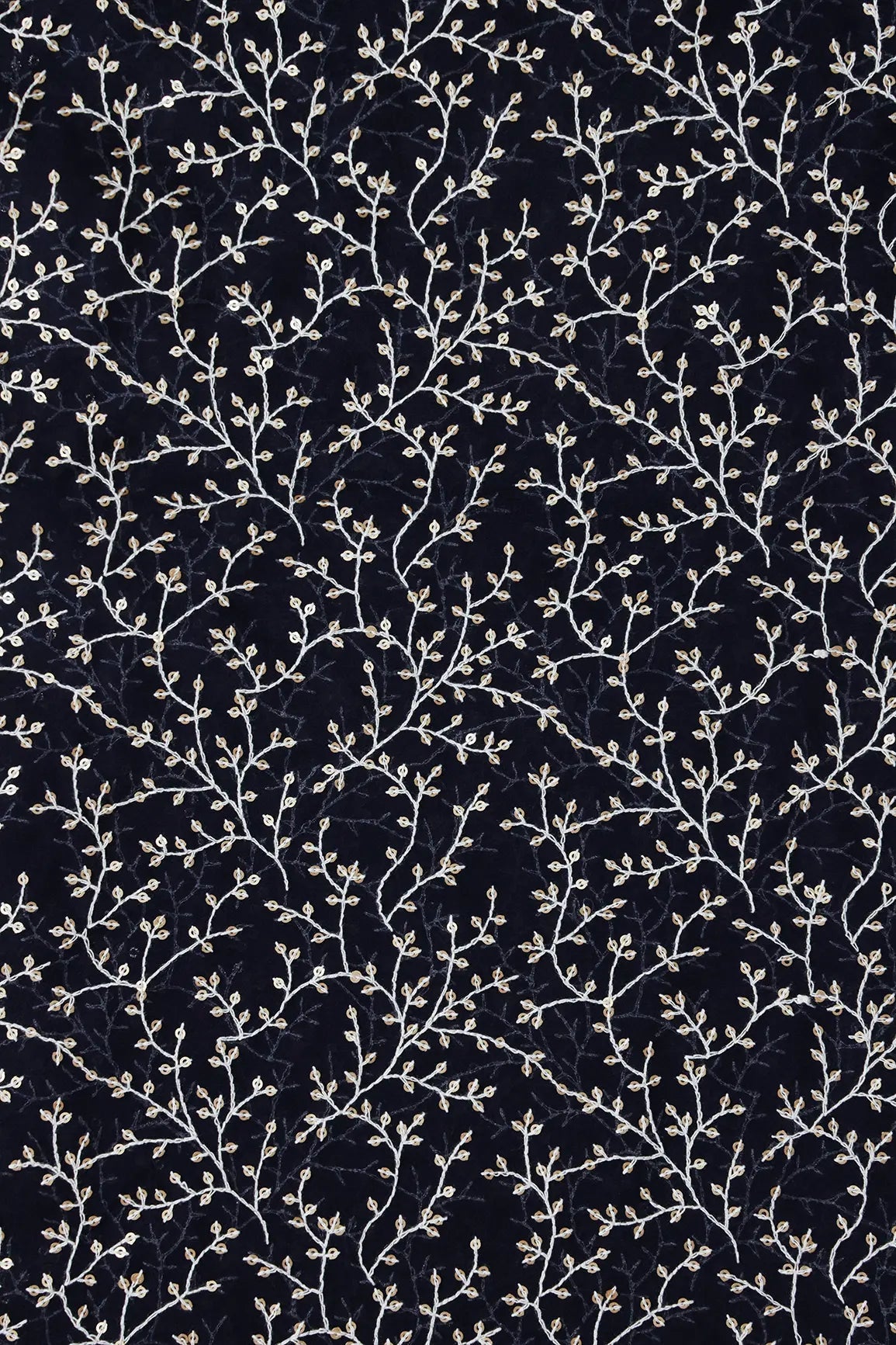 3 Meter Cut Piece Of White Thread With Gold Sequins Leafy Embroidery On Navy Blue Georgette Fabric - doeraa
