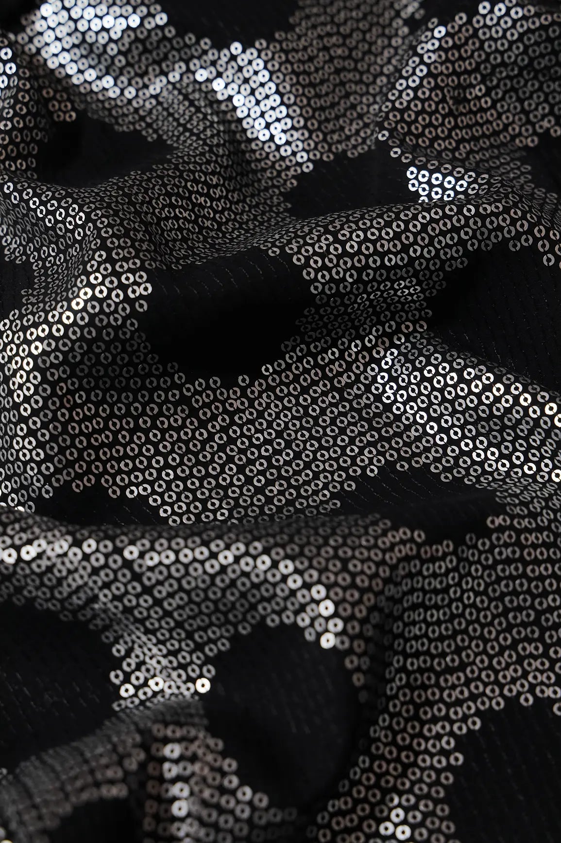 3.25 Meter Cut Piece Of Silver Sequins Heavy Geometric Embroidery On Black Georgette Fabric - doeraa