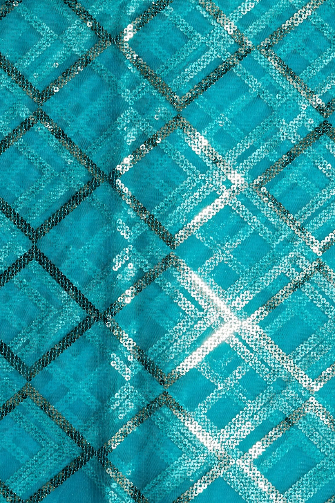 3.25 Meter Cut Piece Of Silver Sequins With Thread Checks Embroidery Work On Sky Blue Soft Net Fabric - doeraa