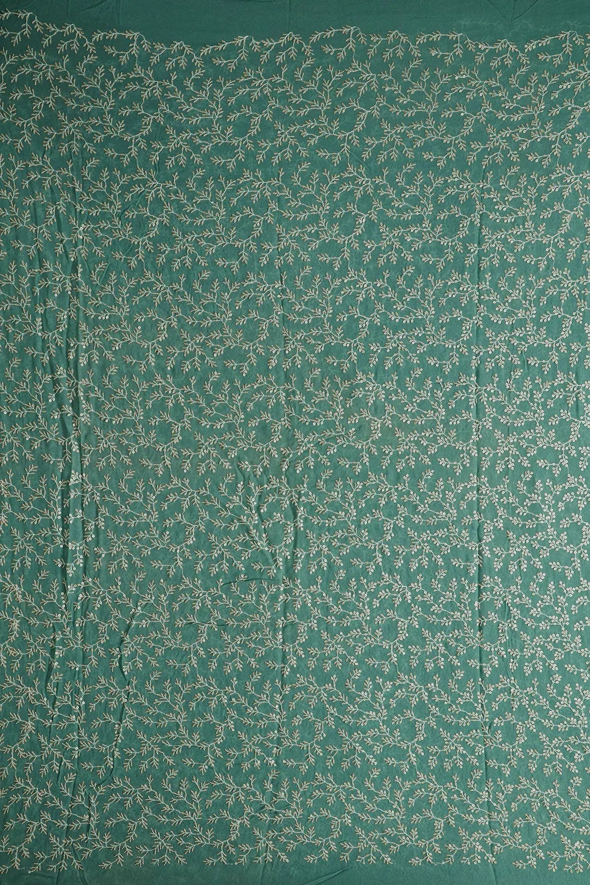 3.25 Meter Cut Piece Of White Thread With Gold Sequins Leafy Embroidery On Teal Georgette Fabric - doeraa