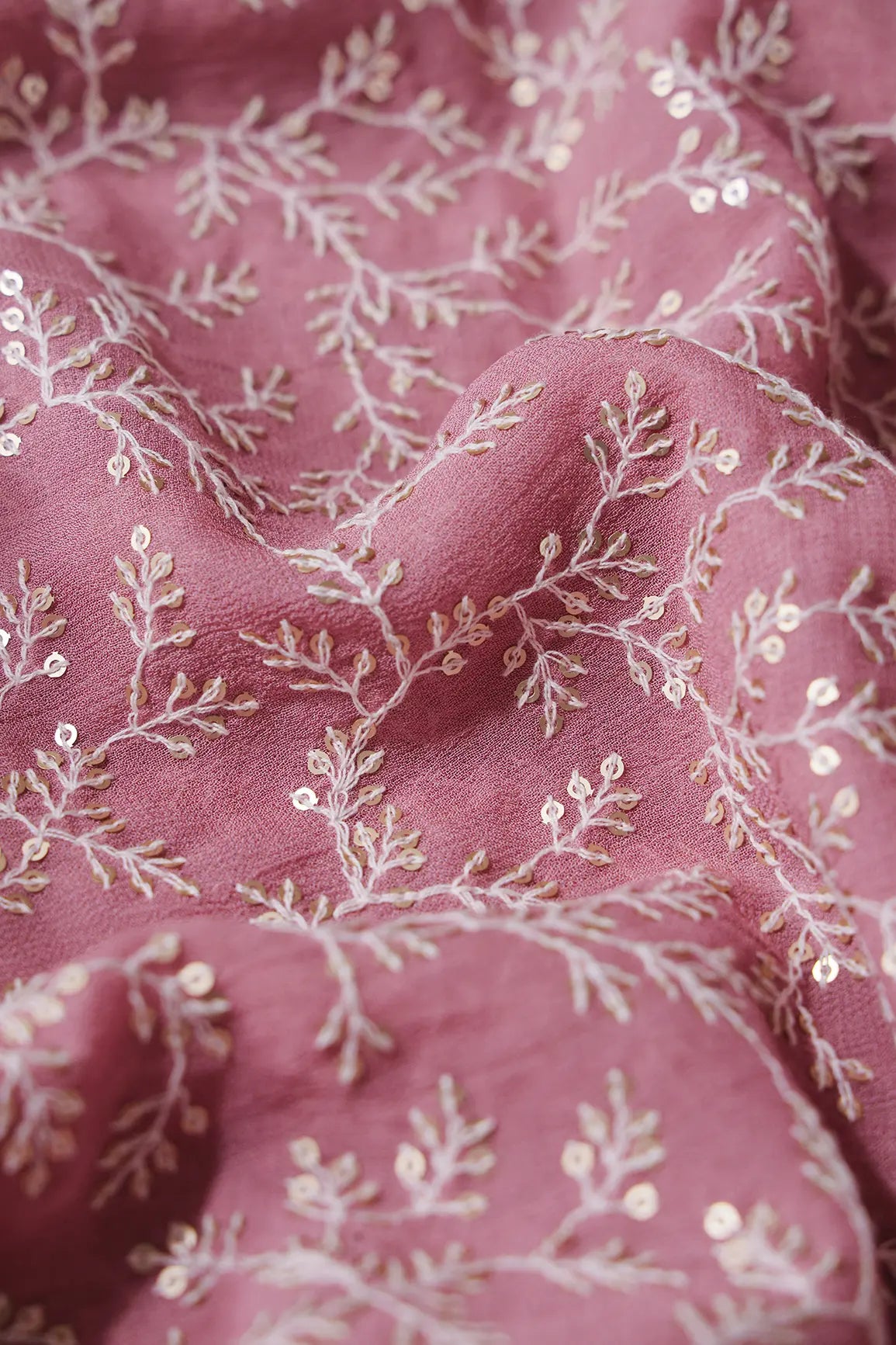 3.25 Meter Cut Piece Of White Thread With Gold Sequins Leafy Embroidery On Thulian Pink Georgette Fabric - doeraa