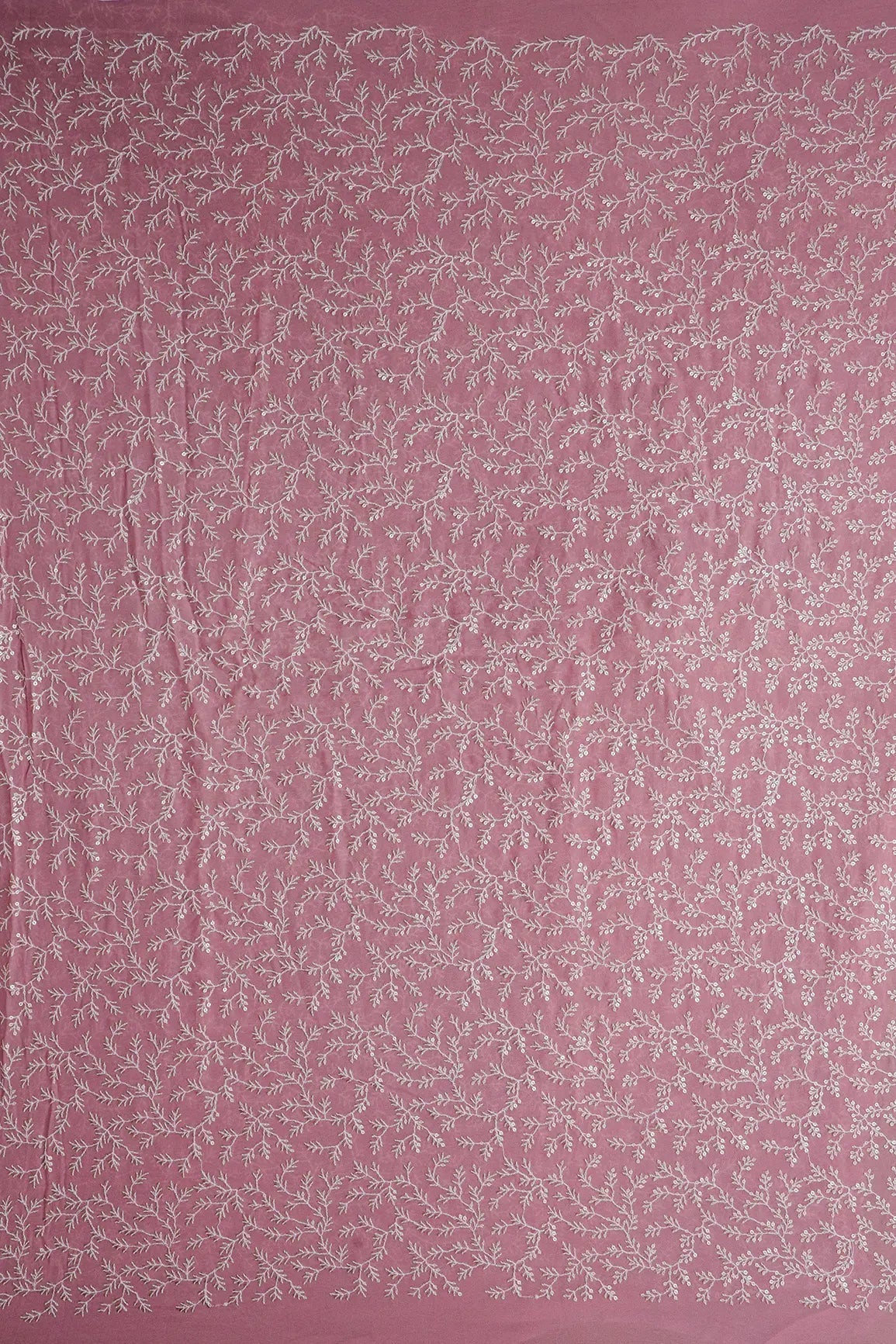 3.25 Meter Cut Piece Of White Thread With Gold Sequins Leafy Embroidery On Thulian Pink Georgette Fabric - doeraa