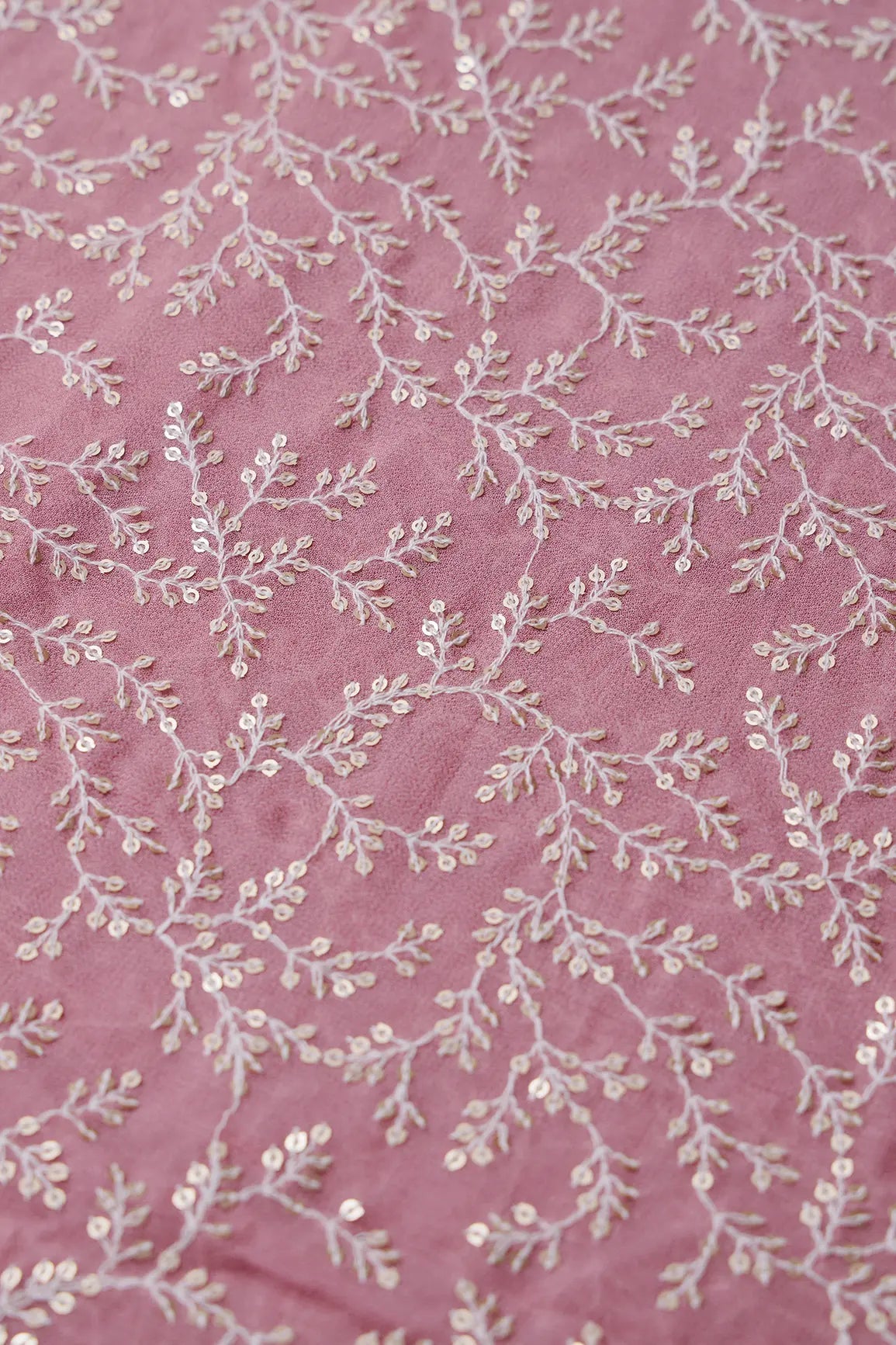 3.25 Meter Cut Piece Of White Thread With Gold Sequins Leafy Embroidery On Thulian Pink Georgette Fabric - doeraa