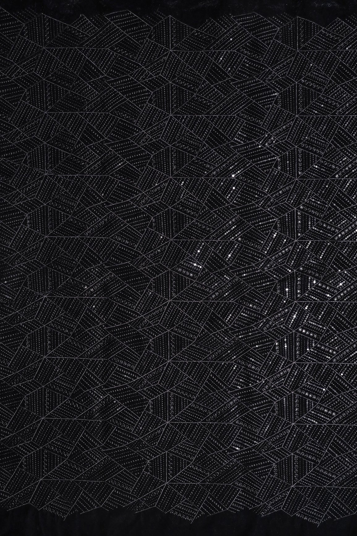 3.50 Meter Cut Piece Of Black Thread With Sequins Geometric Embroidery Work On Black Velvet Fabric - doeraa