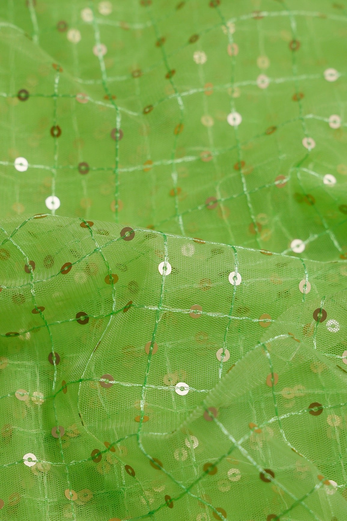 3.50 Meter Cut Piece Of Silver Sequins With Thread Checks Embroidery Work On Parrot Green Soft Net Fabric - doeraa