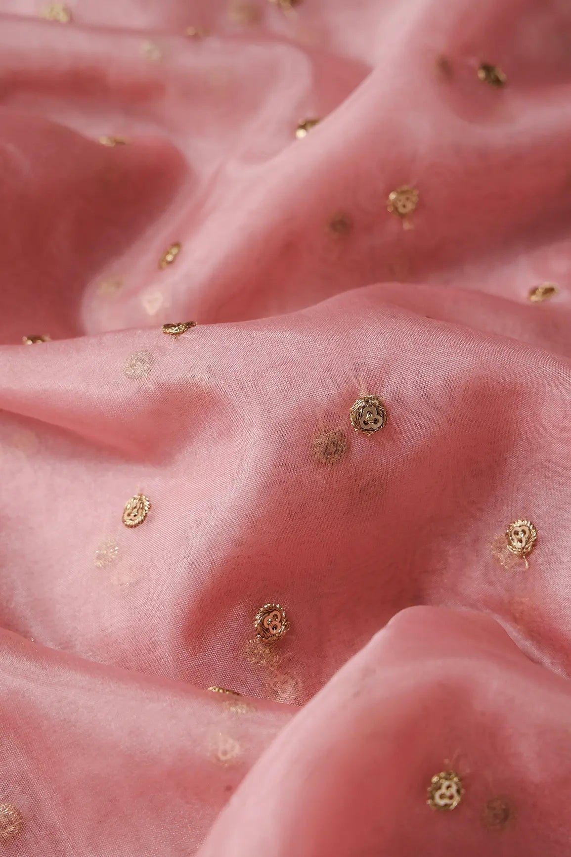 3.75 Meter Cut Piece Of Gold Zari With Gold Sequins Small Motif Embroidery On Pink Organza Fabric - doeraa