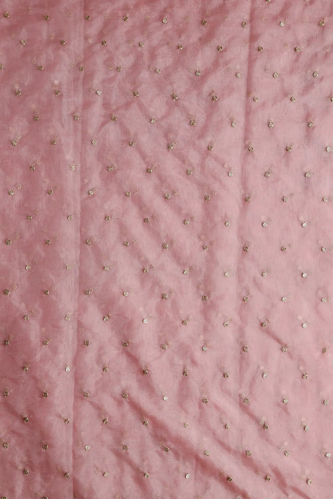 3.75 Meter Cut Piece Of Gold Zari With Gold Sequins Small Motif Embroidery On Pink Organza Fabric - doeraa