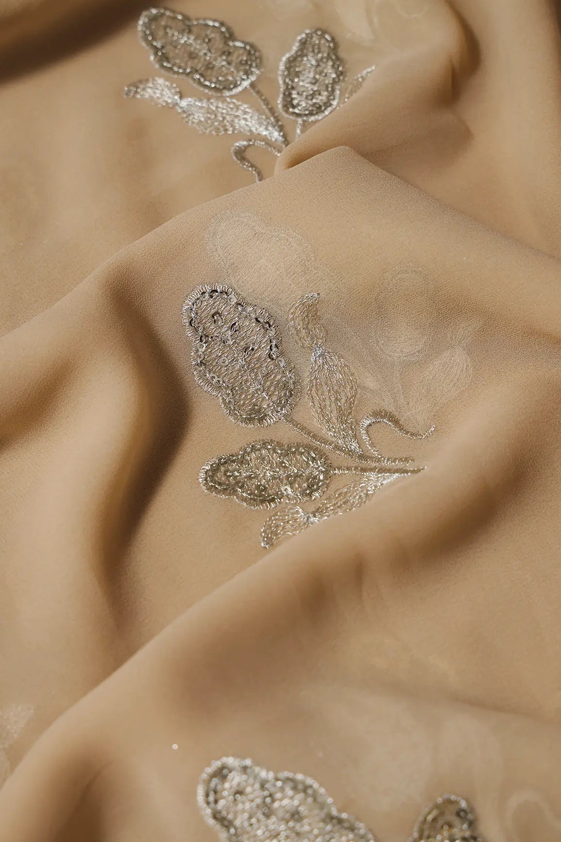 3.75 Meter Cut Piece Of Gold Zari With Sequins Floral Embroidery On Beige Georgette Fabric - doeraa