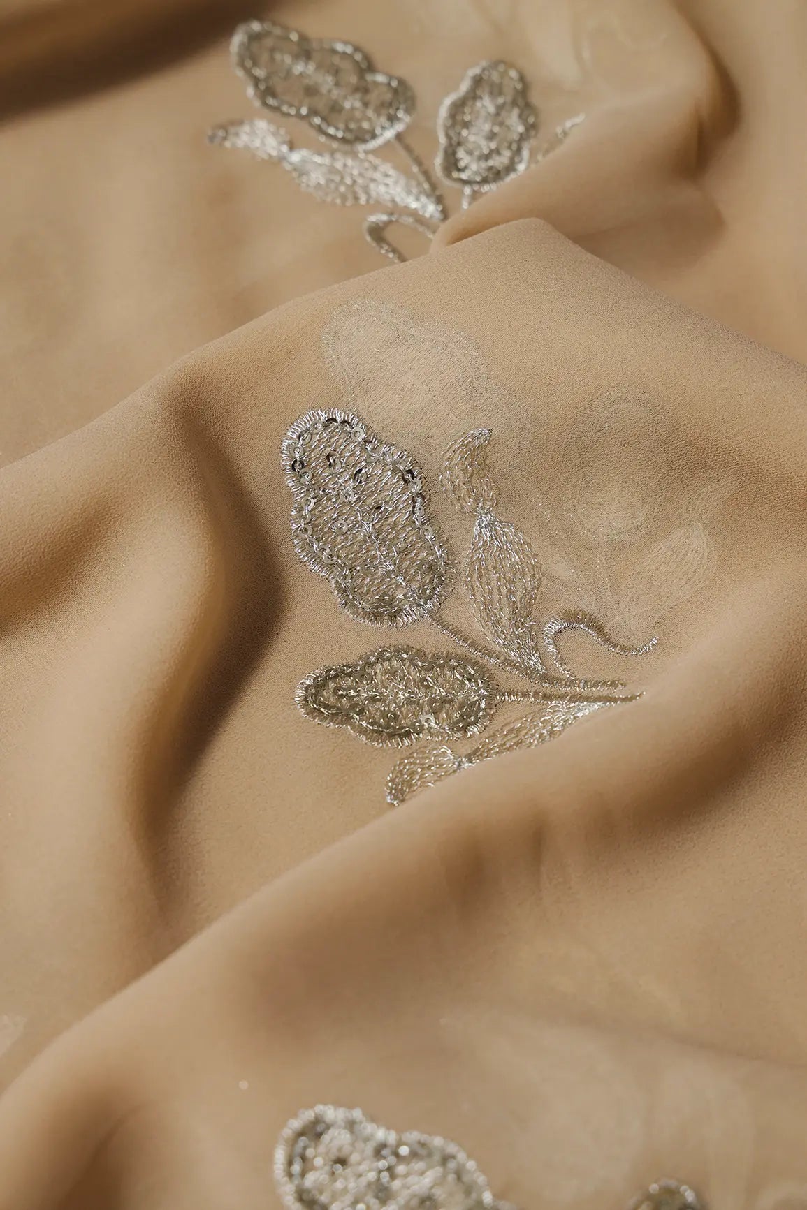 3.75 Meter Cut Piece Of Gold Zari With Sequins Floral Embroidery On Beige Georgette Fabric - doeraa