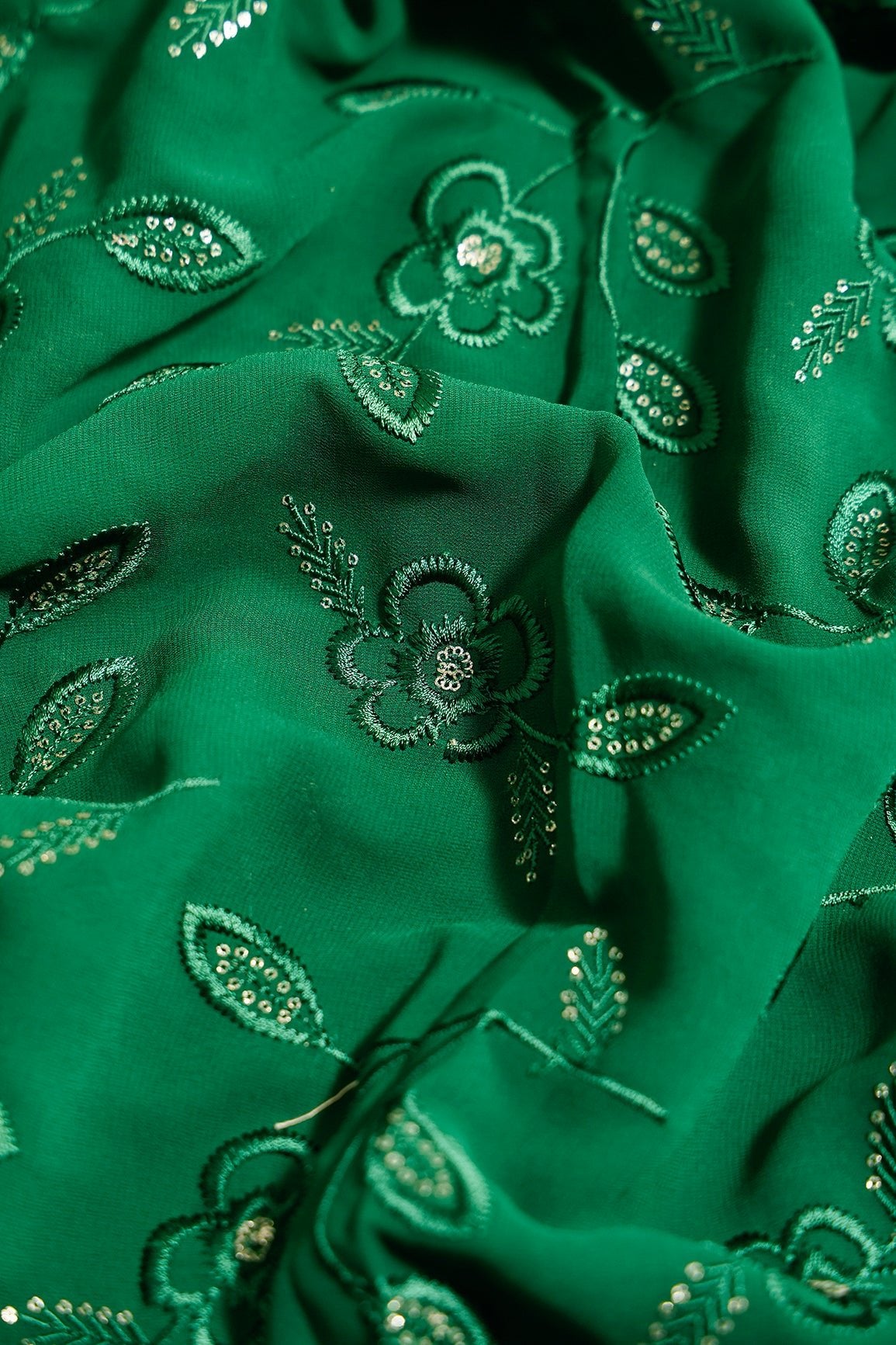 3.75 Meter Cut Piece Of Gorgeous Dark Green Thread With Gold Sequins Floral Leafy Embroidery Work On Dark Green Georgette Fabric - doeraa