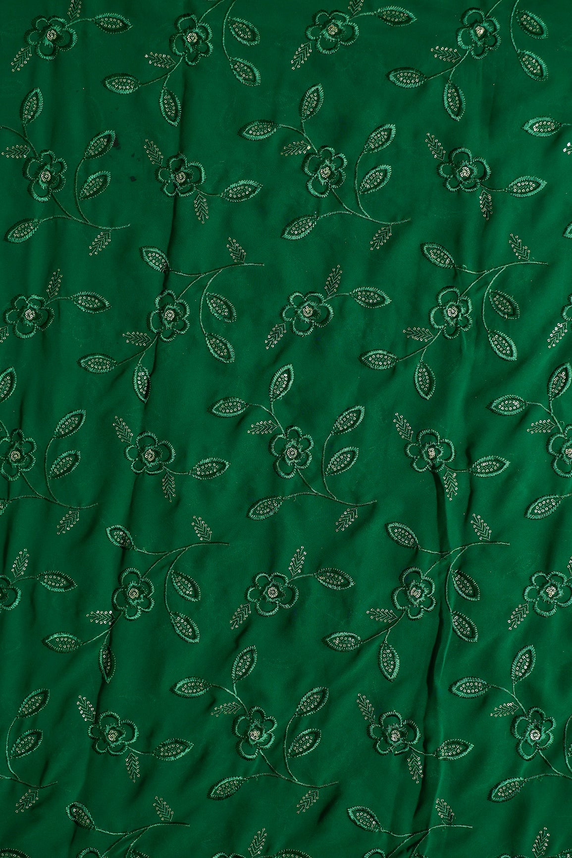 3.75 Meter Cut Piece Of Gorgeous Dark Green Thread With Gold Sequins Floral Leafy Embroidery Work On Dark Green Georgette Fabric - doeraa