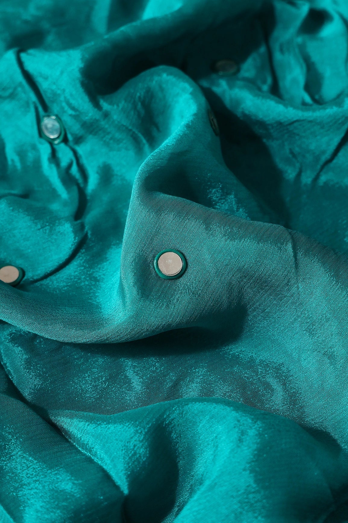 3.75 Meter Cut Piece Of Real Mirror Embroidery Work On Dark Turquoise Viscose Chinnon Chiffon Fabric - doeraa