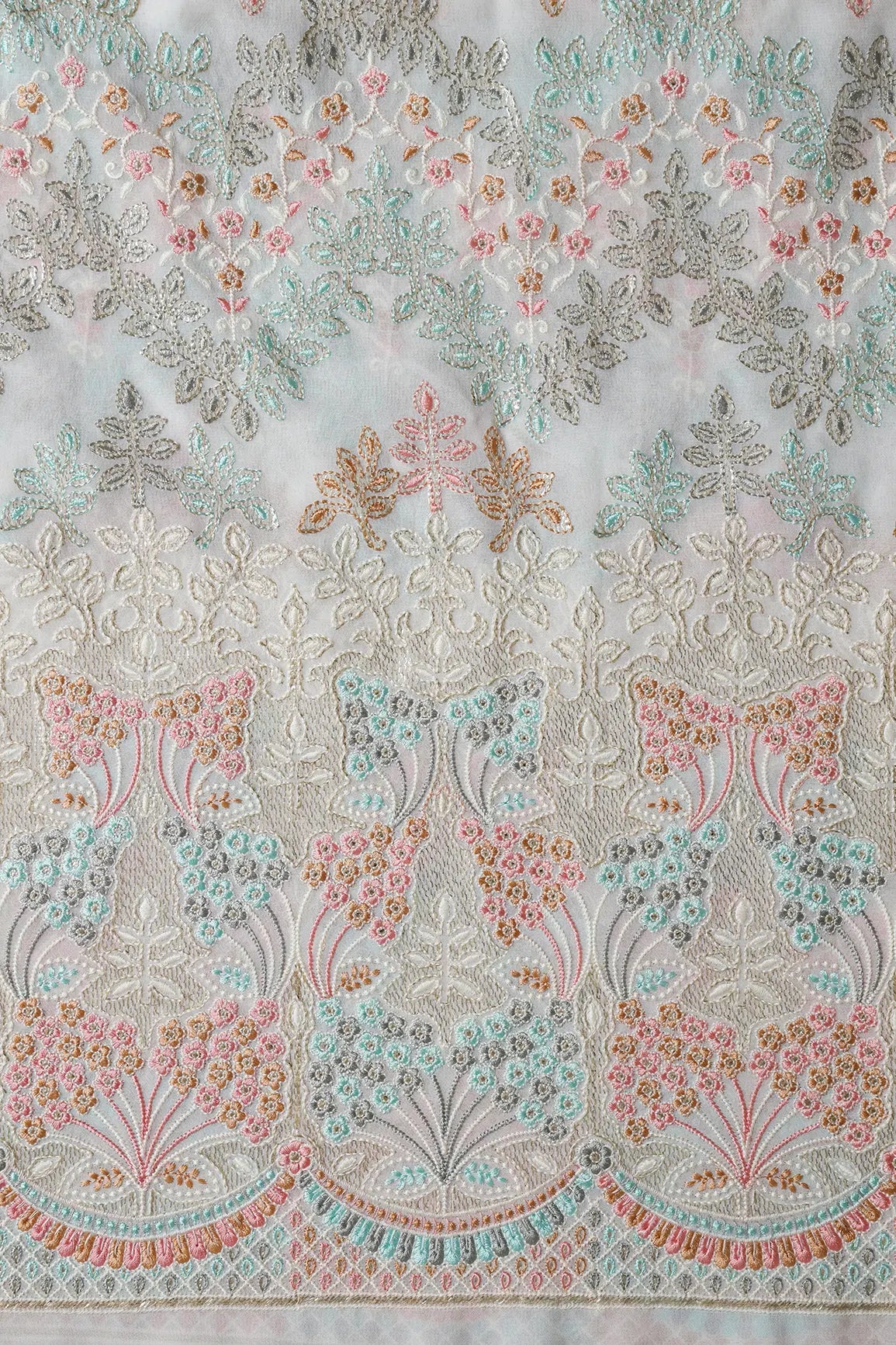 Big Width "56" Multi Color Pastel Thread Floral Embroidery On Dyeable White Viscose Georgette Fabric With Border