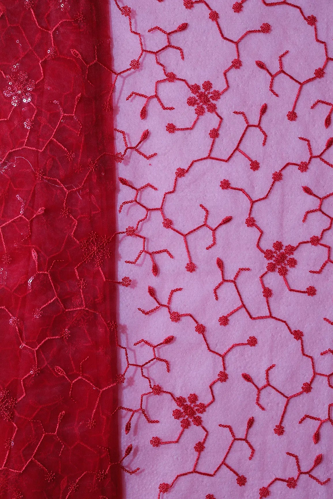 Beautiful Red Sequins Small Floral Embroidery On Red Soft Net Fabric