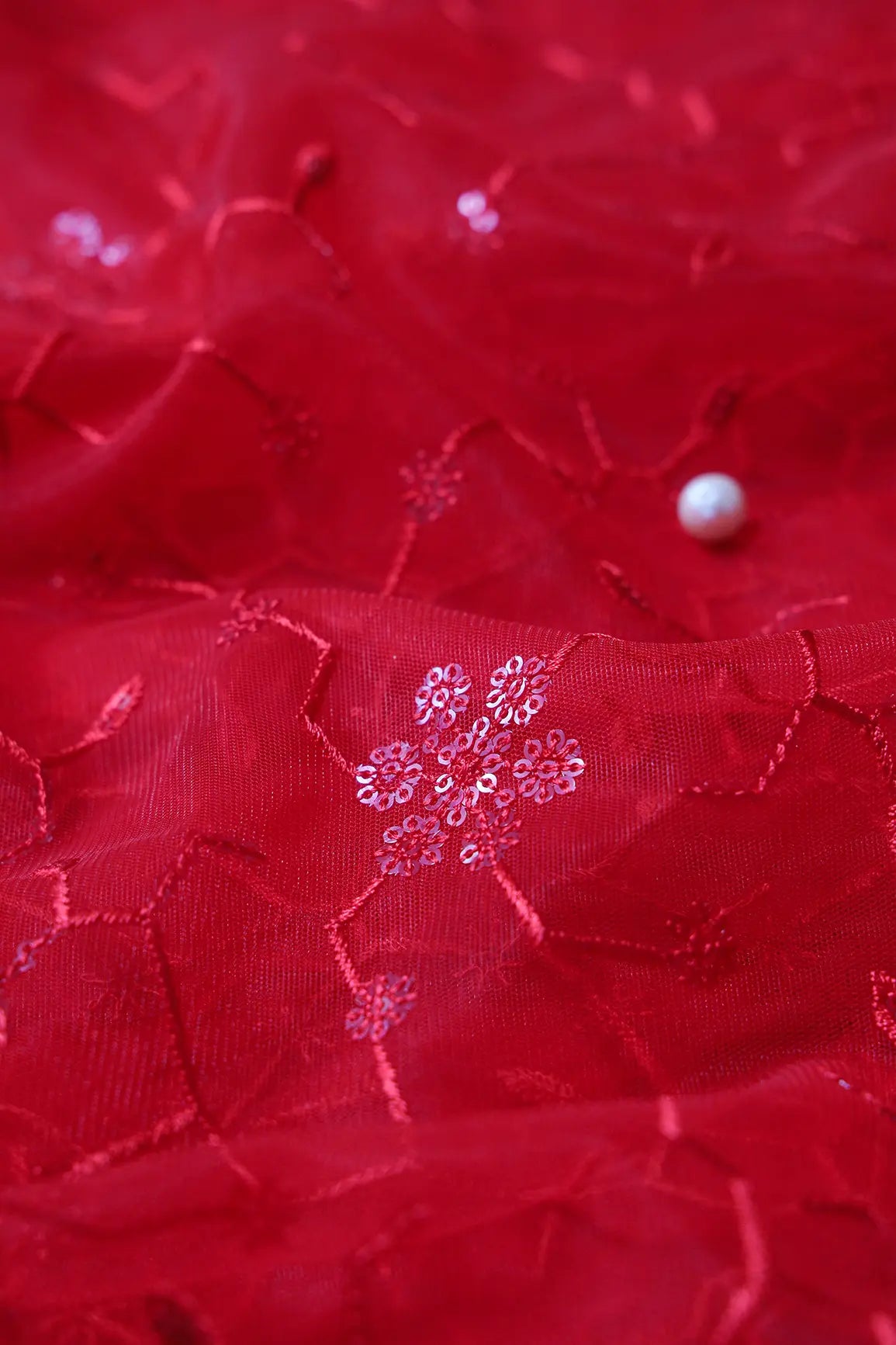 Beautiful Red Sequins Small Floral Embroidery On Red Soft Net Fabric