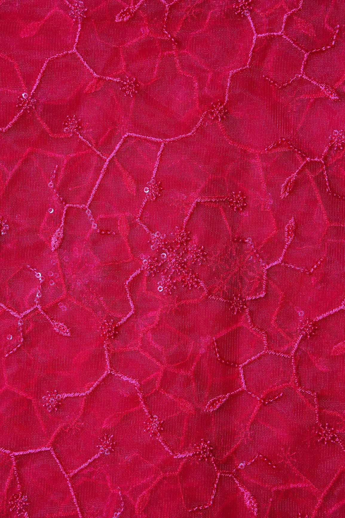 Beautiful Red Sequins Small Floral Embroidery On Cherry Red Soft Net Fabric