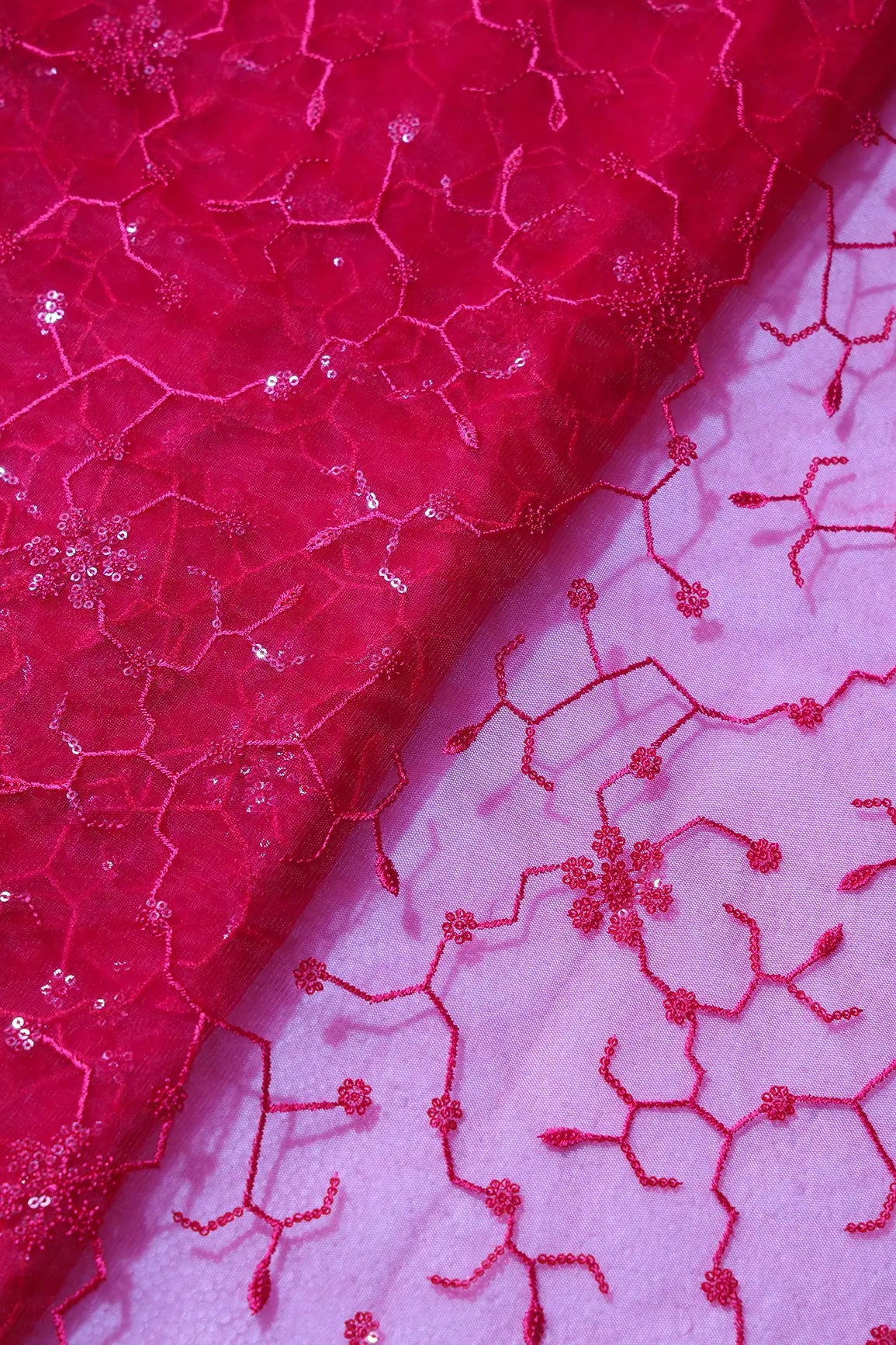 Beautiful Red Sequins Small Floral Embroidery On Cherry Red Soft Net Fabric