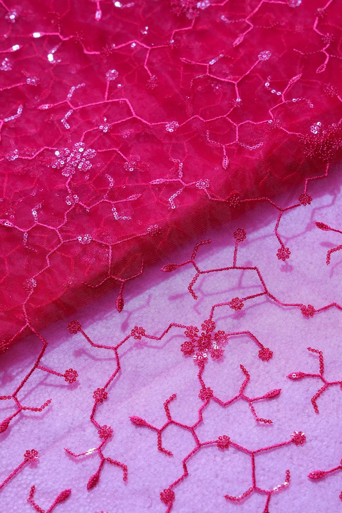 Beautiful Red Sequins Small Floral Embroidery On Cherry Red Soft Net Fabric