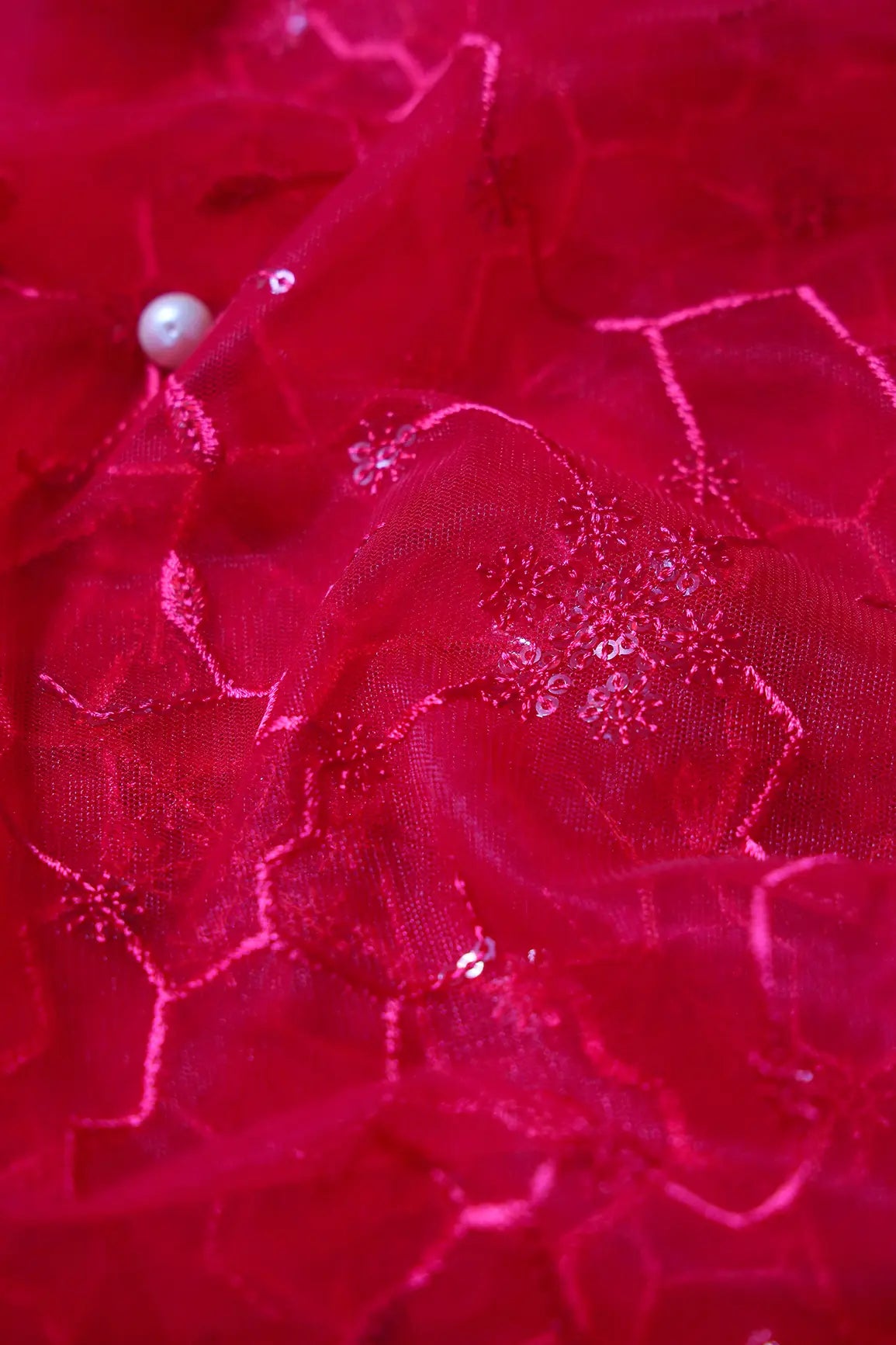Beautiful Red Sequins Small Floral Embroidery On Cherry Red Soft Net Fabric