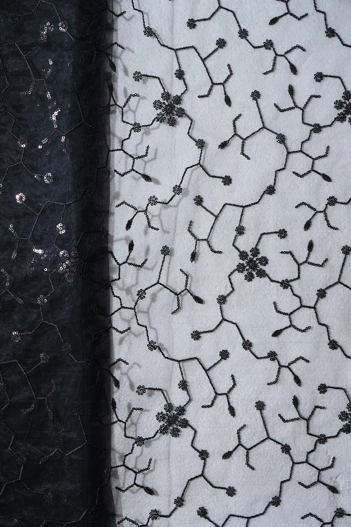 Beautiful Black Sequins Small Floral Embroidery On Black Soft Net Fabric