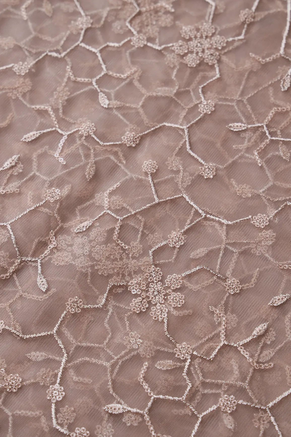 Beautiful Beige Sequins Small Floral Embroidery On Beige Soft Net Fabric