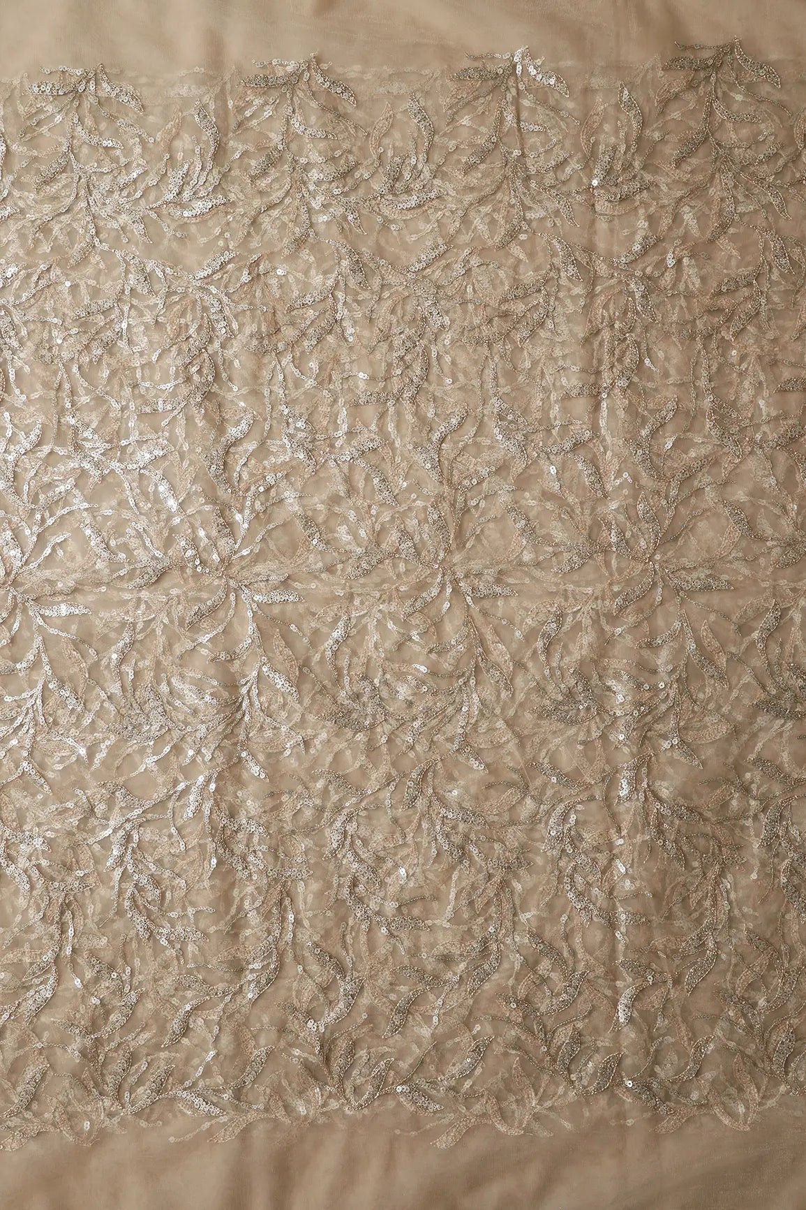 Gold And Silver Sequins Leafy Floral Embroidery On Beige Soft Net Fabric