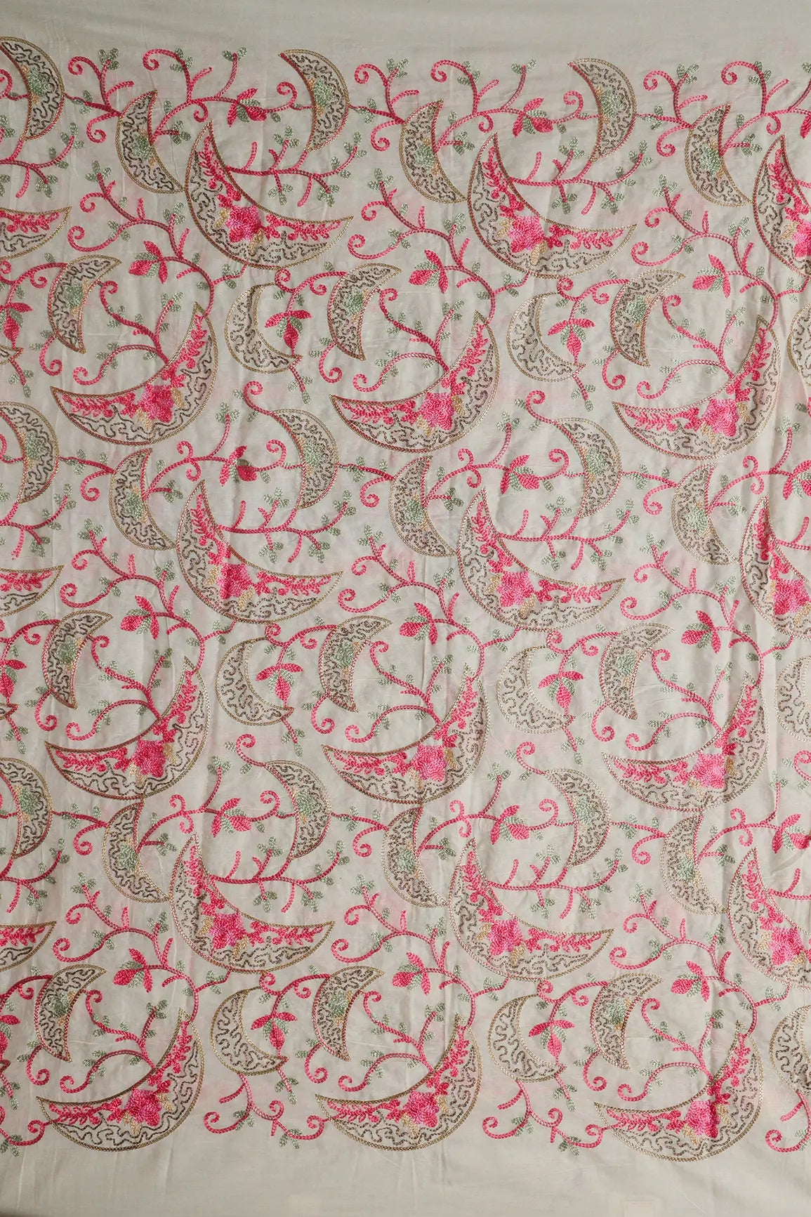 2 Meter Cut Piece Of Multi Thread Beautiful Kashmiri Embroidery Work On Off White Cotton Fabric