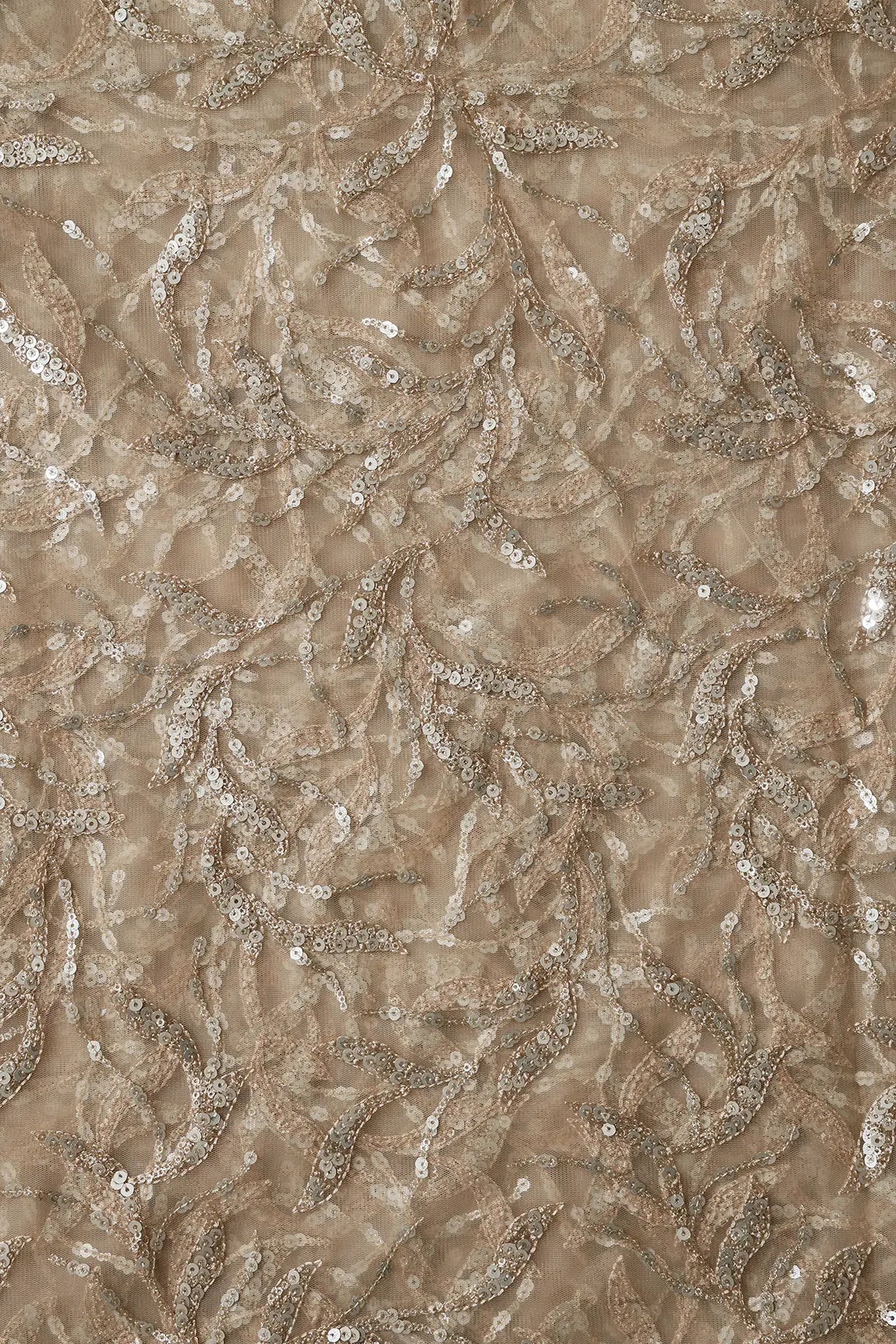 Gold And Silver Sequins Leafy Floral Embroidery On Beige Soft Net Fabric