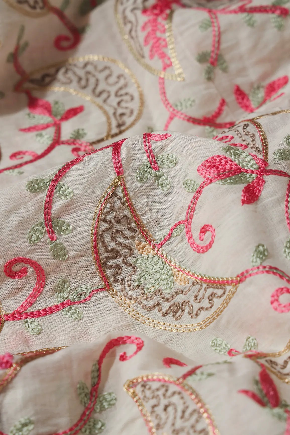 2 Meter Cut Piece Of Multi Thread Beautiful Kashmiri Embroidery Work On Off White Cotton Fabric