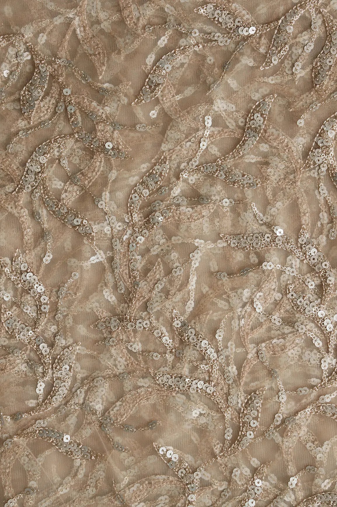 Gold And Silver Sequins Leafy Floral Embroidery On Beige Soft Net Fabric