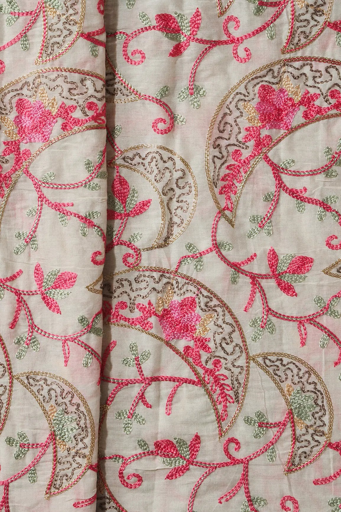 2 Meter Cut Piece Of Multi Thread Beautiful Kashmiri Embroidery Work On Off White Cotton Fabric