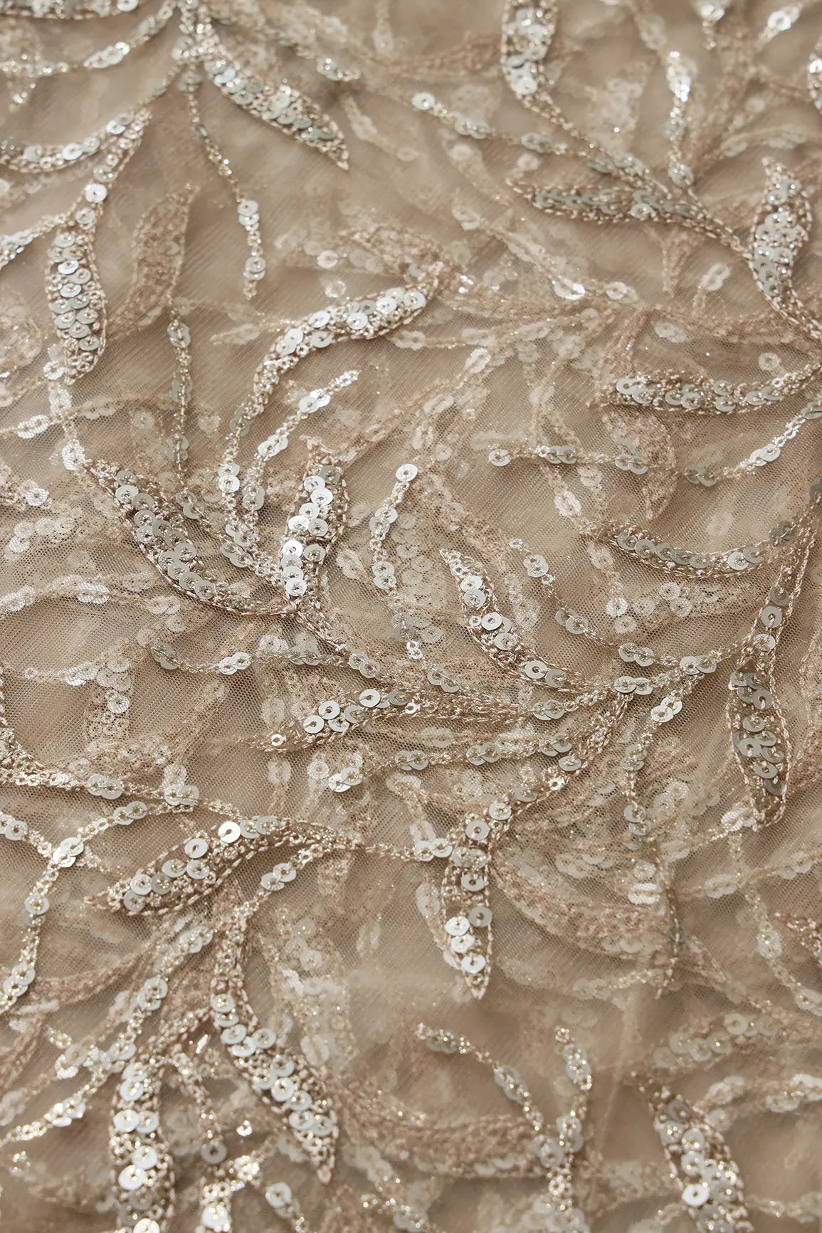 Gold And Silver Sequins Leafy Floral Embroidery On Beige Soft Net Fabric