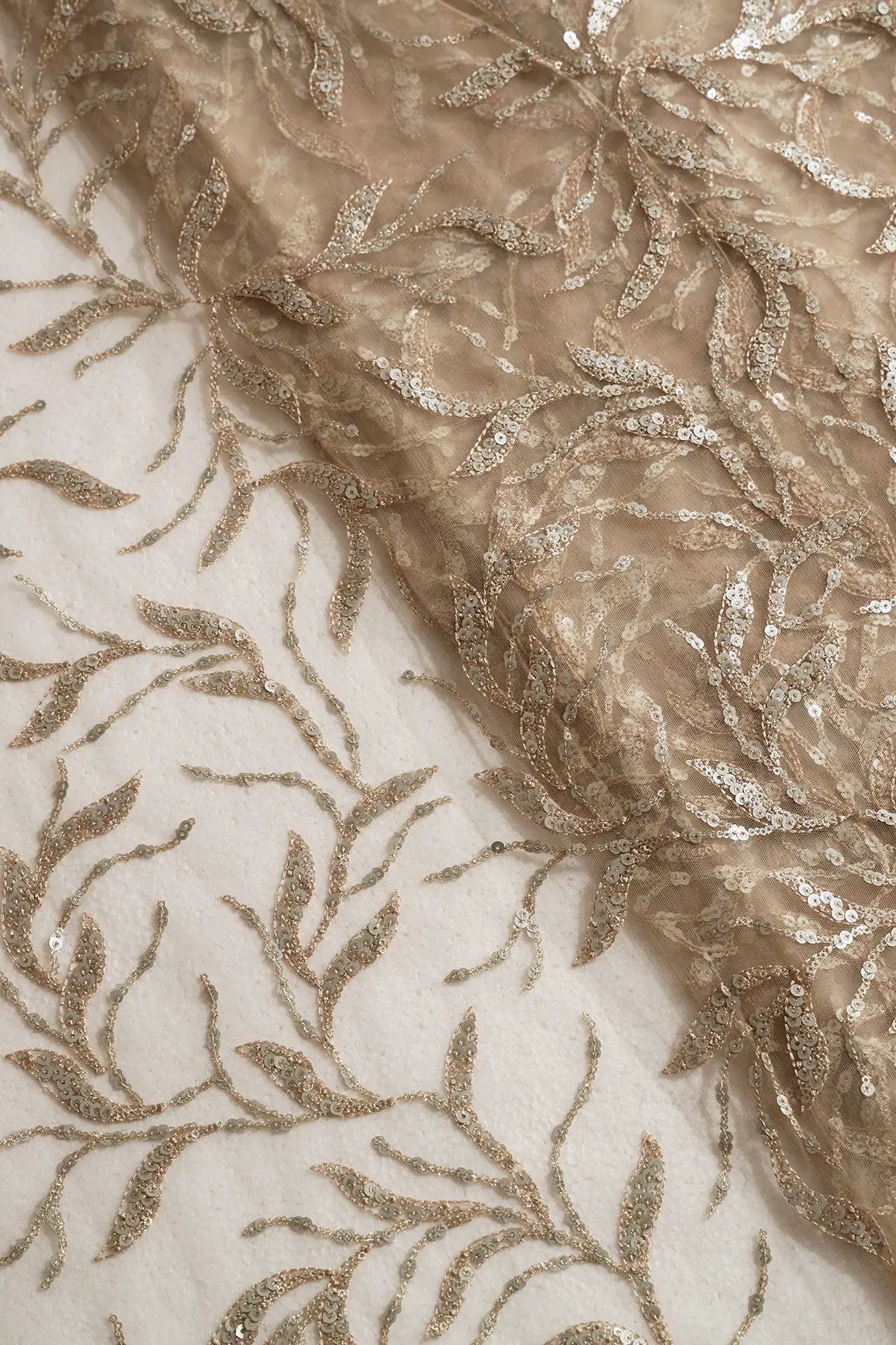 Gold And Silver Sequins Leafy Floral Embroidery On Beige Soft Net Fabric