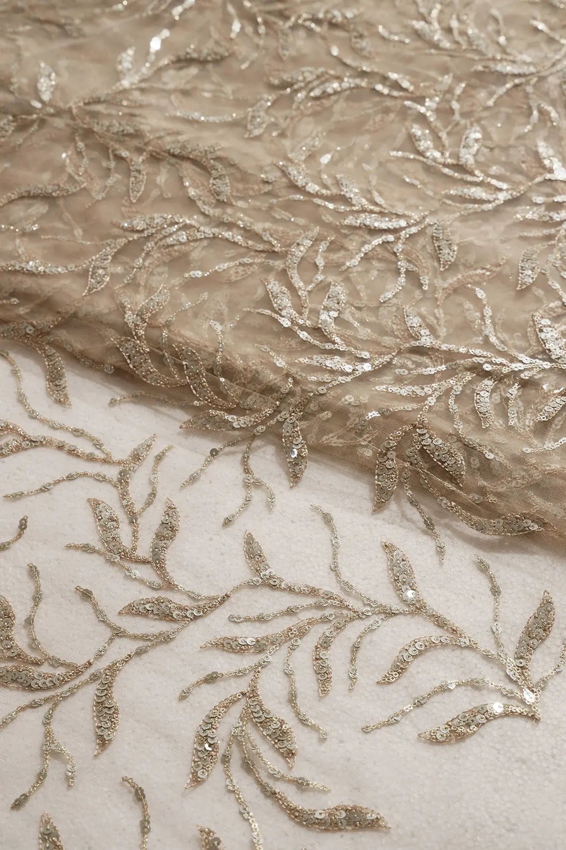 Gold And Silver Sequins Leafy Floral Embroidery On Beige Soft Net Fabric
