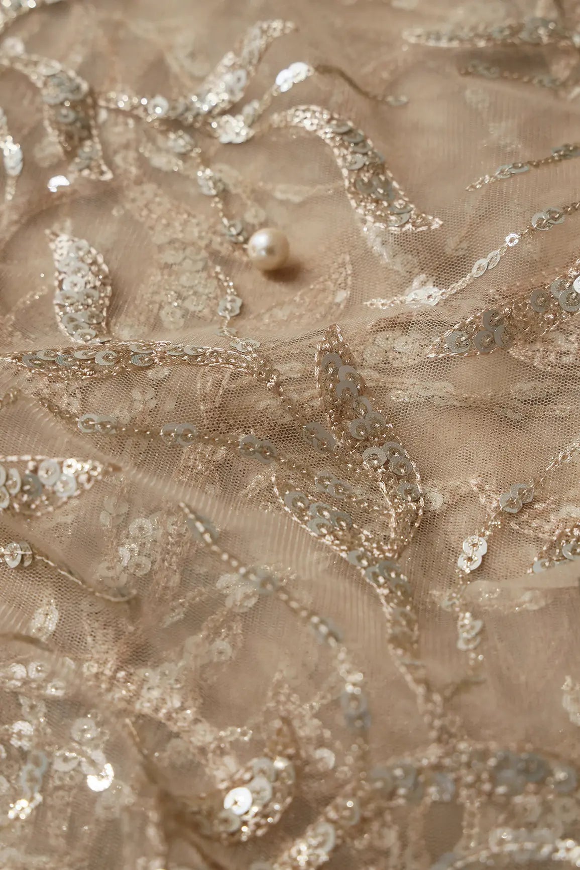 Gold And Silver Sequins Leafy Floral Embroidery On Beige Soft Net Fabric